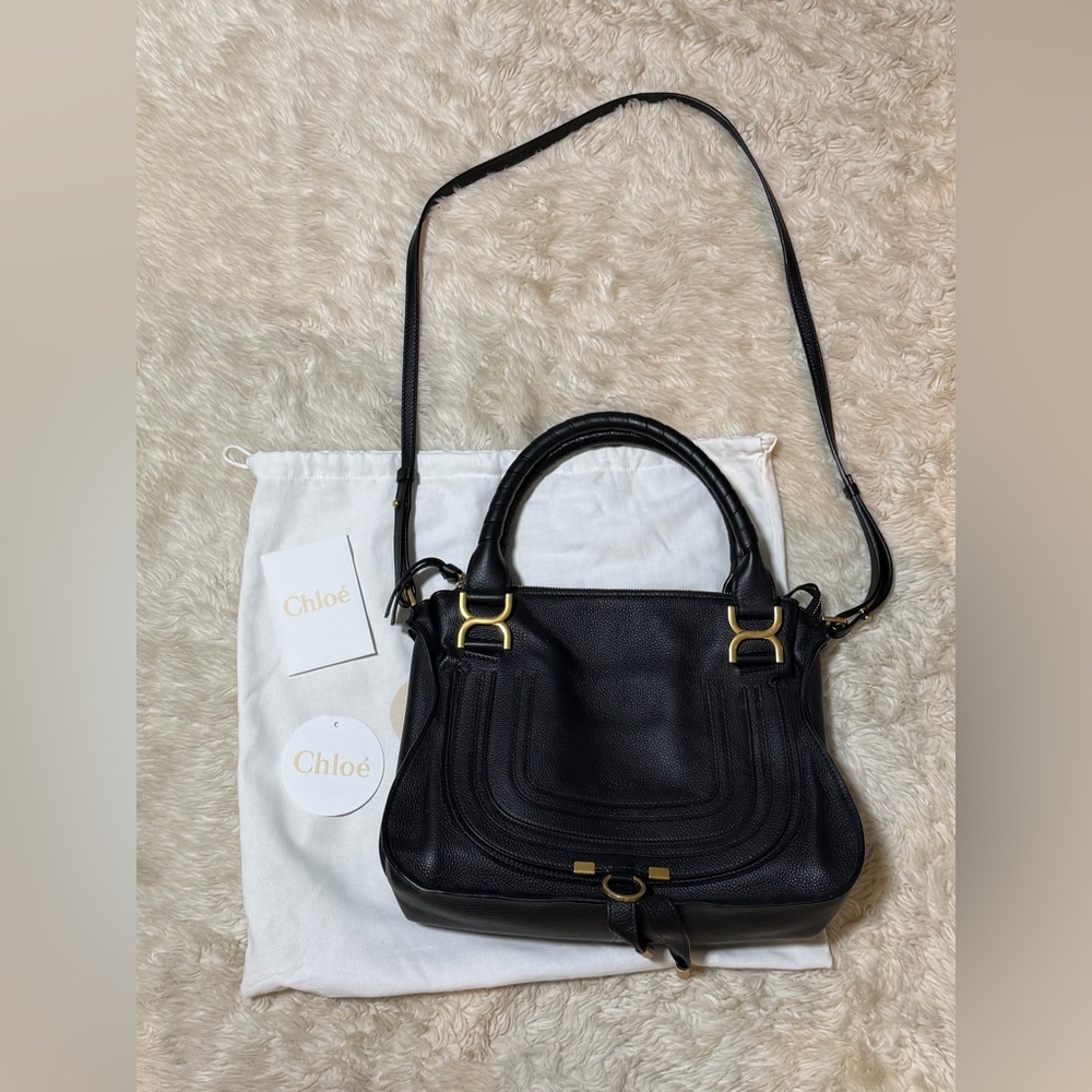 Chloé Black Leather Top-Handle & Crossbody Bag with Gold Hardware